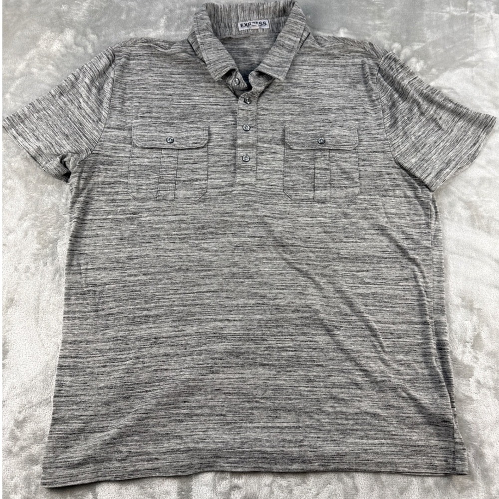 Express Polo Shirt Mens XL Stretch Grey Space Dye Short Sleeve Dual Pocket EUC